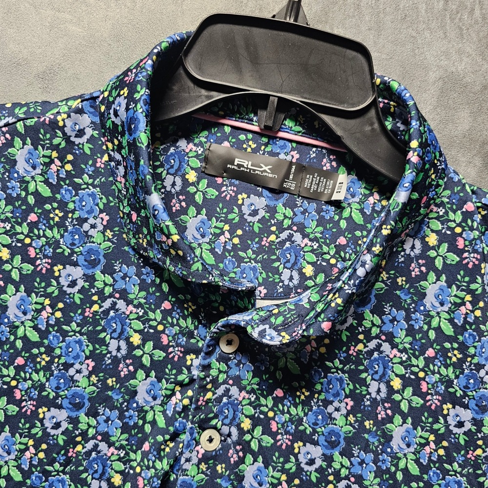 RLX Ralph Lauren Men's XL‎ Floral Performance Golf Polo Shirt Navy Blue Multi